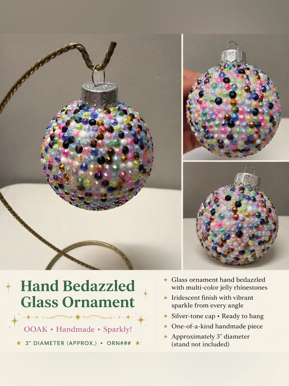 OOAK Hand-Bedazzled Glass Christmas Ornament Multicolor Jelly Rhinestones 3”